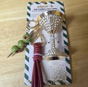 NEW PIPER K HAND PAINTED MARTINI GLASS & OLIVES BAG CHARM & KEY CHAIN